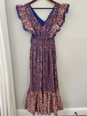 French Connection Blue Floral Maxi Dress with Ruffle Sleeves Anathia Blaire Sz 2